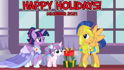 Size: 2063x1161 | Tagged: safe, artist:not-yet-a-brony, flash sentry, princess flurry heart, twilight sparkle, alicorn, pegasus, pony, g4, the last problem, 2021, armor, aunt and niece, auntie twilight, canterlot, christmas, christmas eve, clothes, coronation dress, december, dress, family, female, happy holidays, hearth's warming, hearth's warming eve, holiday, honorary uncle, i'll be home for christmas, looking at each other, lyrics in the description, male, mare, new year, new years eve, older, older flurry heart, present, reunion, royal guard armor, second coronation dress, ship:flashlight, shipping, smiling, smiling at each other, song reference, stallion, straight, twilight sparkle (alicorn), uncle flash, youtube link in the description