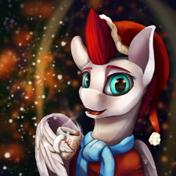Size: 2160x2160 | Tagged: safe, artist:tenebrisnoctus, zipp storm, pegasus, pony, g5, christmas, clothes, female, hat, high res, holiday, lidded eyes, looking at you, mare, mug, open mouth, open smile, santa hat, scarf, smiling, smiling at you, solo, wing hands, wing hold, wings