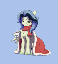 Size: 2553x2826 | Tagged: safe, artist:aquaticvibes, oc, oc only, pegasus, pony, blanket, blue background, christmas, clothes, female, high res, holiday, lidded eyes, mare, mug, scarf, simple background, sitting, smiling, solo, wing hands, wing hold, wings