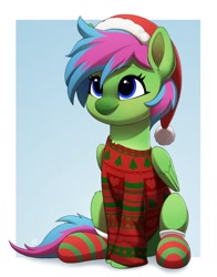 Size: 1450x1850 | Tagged: safe, artist:luminousdazzle, luminous dazzle, pegasus, pony, abstract background, blue eyes, christmas, christmas sweater, clothes, female, folded wings, full body, hat, holiday, mare, santa hat, sitting, smiling, socks, solo, striped socks, sweater, tail, two toned mane, two toned tail, wings