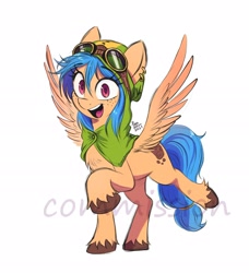 Size: 2480x2721 | Tagged: safe, artist:fanzeem, oc, oc only, pegasus, pony, chest fluff, commission, ear piercing, earring, female, freckles, goggles, high res, hood, jewelry, looking at you, mare, open mouth, open smile, piercing, raised hoof, simple background, smiling, smiling at you, solo, spread wings, watermark, white background, wings
