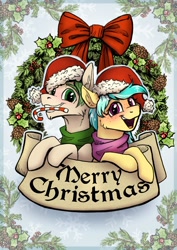 Size: 1694x2396 | Tagged: safe, artist:helmie-art, oc, oc only, oc:karoline skies, oc:lodvik, earth pony, pony, :d, blackletter, candy, candy cane, chin fluff, christmas, christmas wreath, clothes, duo, earth pony oc, female, food, freckles, grin, high res, holiday, light blue background, looking at you, male, mare, merry christmas, mouth hold, open mouth, open smile, scarf, simple background, smiling, smiling at you, snow, snowflake, stallion, sternocleidomastoid, wreath
