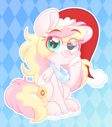 Size: 2480x2812 | Tagged: safe, artist:ninnydraws, oc, oc only, oc:ninny, pegasus, pony, blushing, christmas, clothes, eyebrows, female, hat, heart, heart eyes, heterochromia, high res, holiday, looking at you, mare, santa hat, scarf, simple background, sitting, solo, wingding eyes, winter