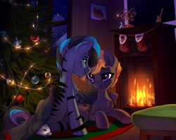 Size: 3772x3000 | Tagged: safe, artist:taneysha, oc, oc only, oc:ignis avis, oc:xenos akari, hybrid, pegasus, pony, zony, blanket, chest fluff, christmas, christmas stocking, christmas tree, commission, female, fire, fireplace, high res, holiday, looking at each other, looking at someone, male, mare, oc x oc, ornament, shipping, sitting, snow, stallion, straight, tree, trophy, zony oc
