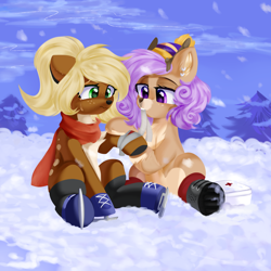 Size: 2160x2160 | Tagged: safe, artist:thieftea, oc, deer, pony, hat, high res, snow