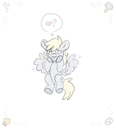 Size: 1000x1100 | Tagged: safe, artist:pink-pone, derpy hooves, pegasus, pony, g4, colored sketch, female, heart, mare, open mouth, open smile, simple background, sketch, smiling, solo, speech bubble, white background