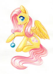 Size: 822x1134 | Tagged: safe, artist:maytee, fluttershy, pegasus, pony, g4, christmas, christmas ball, christmas ornament, decoration, female, holiday, looking at you, mare, profile, raised hoof, simple background, sitting, smiling, solo, spread wings, traditional art, white background, wings