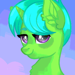 Size: 1500x1500 | Tagged: safe, artist:crystal_lagoon, oc, oc only, oc:green byte, pony, unicorn, animated, blinking, bust, chest fluff, commission, ear fluff, gif, heart, horn, lidded eyes, looking at you, loop, male, portrait, purple eyes, smiling, solo, sparkly eyes, stallion, unicorn oc, ych result