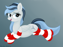 Size: 3736x2812 | Tagged: safe, artist:rainbowšpekgs, oc, oc only, oc:haze northfleet, pegasus, pony, bedroom eyes, clothes, female, gradient background, high res, lying, lying down, mare, open mouth, prone, sexy, socks, solo, striped socks, wings
