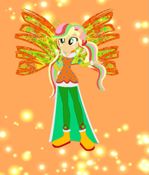 Size: 639x749 | Tagged: safe, artist:joshuat1306, artist:selenaede, artist:user15432, applejack, fairy, equestria girls, g4, alternate hairstyle, barely eqg related, base used, boots, clothes, colored wings, crossover, crystal sirenix, dress, fairy wings, fairyized, gradient wings, hand on hip, high heel boots, high heels, long hair, orange background, orange dress, orange wings, pigtails, ponied up, seashell, shoes, simple background, sirenix, solo, sparkly background, sparkly wings, wings, winx, winx club, winxified