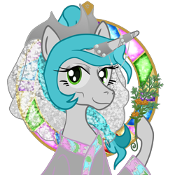 Size: 2500x2500 | Tagged: safe, artist:tentajack, oc, oc only, oc:opal river, pony, unicorn, adornments, bust, circle background, clothes, flower, high res, horn, horn ring, portrait, ring, robe, royal quest, simple background, solo, transparent background, veil
