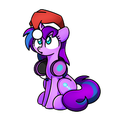 Size: 1240x1240 | Tagged: safe, artist:sugar morning, oc, oc only, oc:cyan nova fae, pony, unicorn, :o, christmas, cute, female, full body, hat, headphones, headset, holiday, horn, mare, open mouth, santa hat, simple background, sitting, solo, tail, transparent background, two toned mane, two toned tail, unicorn oc