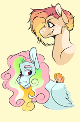 Size: 1831x2800 | Tagged: safe, artist:silagekiddz, oc, oc only, butterfly, pegasus, pony, bust, duo, female, male, mare, offspring, parent:rainbow dash, pegasus oc, simple background, smiling, smirk, stallion, wings, yellow background