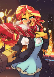 Size: 1414x2000 | Tagged: safe, artist:light262, sunset shimmer, equestria girls, g4, christmas, christmas lights, clothes, female, holding hands, holiday, offscreen character, pov, scarf, solo