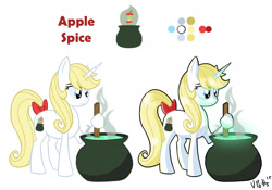 Size: 1987x1390 | Tagged: safe, artist:torusthescribe, oc, oc only, oc:apple spice, pony, unicorn, bow, cauldron, duo, female, hoof hold, horn, mare, offspring, parent:applejack, parent:prince blueblood, parents:bluejack, signature, simple background, smiling, tail, tail bow, unicorn oc, white background