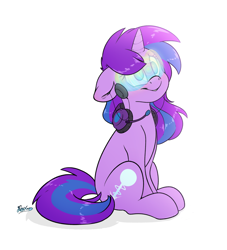 Size: 2900x3200 | Tagged: safe, artist:fluffyxai, oc, oc only, oc:cyan nova fae, pony, unicorn, commission, female, headset, high res, hypnogear, hypnosis, mare, simple background, solo, white background, ych result