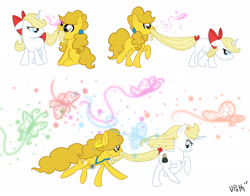 Size: 2500x1959 | Tagged: safe, artist:torusthescribe, oc, oc only, pony, unicorn, bow, female, hair bow, mare, offspring, parent:applejack, parent:pinkie pie, parent:pokey pierce, parent:prince blueblood, parents:bluejack, parents:pokeypie, smiling, tail, tail bow, tailbite