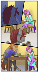 Size: 1778x3222 | Tagged: safe, artist:grilledsoap, oc, oc only, oc:artfulcord, oc:arucordu, oc:cyan nova fae, pegasus, pony, unicorn, anthro, comic, female, male, mare, stallion