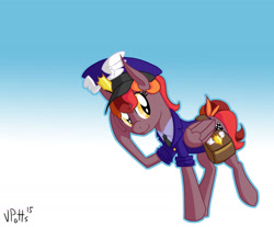 Size: 2017x1670 | Tagged: safe, artist:torusthescribe, oc, oc only, pegasus, pony, bag, female, gradient background, hat, mailmare, mare, necktie, pegasus oc, saddle bag, signature, smiling, solo, wings