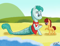 Size: 2195x1670 | Tagged: safe, artist:torusthescribe, oc, oc only, oc:beaureguard, earth pony, pony, sea pony, beach, clothes, duo, earth pony oc, interspecies offspring, male, offspring, outdoors, parent:oc:fallen star, parent:rarity, parents:canon x oc, raised hoof, signature, smiling
