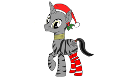 Size: 1280x800 | Tagged: safe, artist:royaltyofequestria, oc, oc only, oc:maya, pony, unicorn, zebra, zebracorn, christmas, clothes, colored, ear fluff, gold, gray coat, hat, holiday, holly, horn, jewelry, necklace, ring, santa hat, simple background, socks, solo, stripes, tail, tail wrap, white background