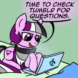 Size: 800x800 | Tagged: safe, artist:thedragenda, oc, oc:ace, earth pony, pony, ask-acepony, computer, laptop computer, lying down, prone, solo