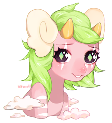 Size: 1000x1100 | Tagged: safe, artist:qawakie, pony, bust, female, horns, mare, smiling, solo, wingding eyes