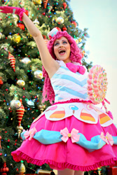 Size: 1999x2999 | Tagged: safe, artist:sarahndipity cosplay, pinkie pie, human, g4, 2015, christmas, christmas tree, clothes, cosplay, costume, dress, gala dress, holiday, irl, irl human, open mouth, photo, tree