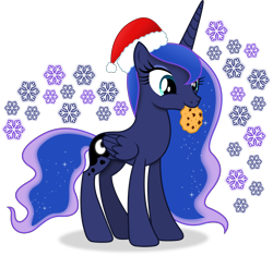 Size: 6171x5796 | Tagged: safe, artist:anime-equestria, princess luna, alicorn, pony, g4, christmas, cookie, eyeshadow, female, food, happy, hat, holiday, horn, makeup, mouth hold, santa hat, simple background, snow, snowflake, solo, transparent background, vector, wings