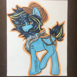 Size: 711x711 | Tagged: safe, artist:inochizuna, oc, oc only, earth pony, pony, earth pony oc, hat, male, neckerchief, solo, stallion, tattoo, traditional art