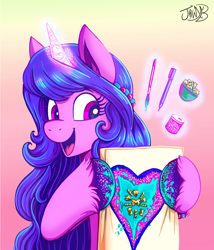 Size: 3508x4098 | Tagged: safe, artist:jowyb, izzy moonbow, pony, unicorn, g5, my little pony: a new generation, cute, female, glowing, glowing horn, gradient background, happy, heart, high res, horn, ink pen, izzybetes, magic, magic aura, mare, open mouth, open smile, paintbrush, smiling, solo, telekinesis, unshorn fetlocks