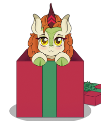 Size: 1305x1567 | Tagged: safe, artist:ravenirik, autumn blaze, kirin, pony, g4, :3, awwtumn blaze, blushing, box, christmas, cute, female, holiday, looking at you, mare, pony in a box, present, simple background, smiling, solo, transparent background