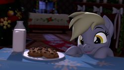 Size: 3840x2160 | Tagged: safe, artist:owlpirate, derpy hooves, pegasus, pony, g4, 3d, chocolate chip cookie, christmas, christmas tree, cookie, cute, decoration, derpabetes, eyes on the prize, food, high res, holiday, milk, night, smiling, solo, source filmmaker, table, tree