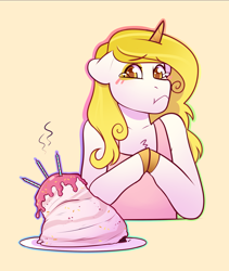 Size: 1468x1739 | Tagged: safe, artist:royvdhel-art, oc, oc only, pony, unicorn, cake, clothes, commission, female, food, hooves together, horn, mare, unicorn oc, ych result, yellow eyes