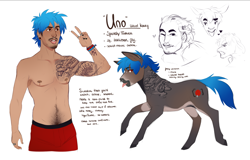 Size: 2539x1622 | Tagged: safe, artist:royvdhel-art, oc, oc only, earth pony, human, :p, bust, clothes, dark skin, earth pony oc, humanized, male, male nipples, nipples, peace sign, reference sheet, shorts, smiling, stallion, tattoo, tongue out