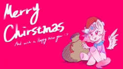 Size: 1280x720 | Tagged: safe, artist:metaruscarlet, oc, oc:metaru scarlet, pegasus, pony, bag, christmas, clothes, hat, holiday, merry christmas, santa hat, shirt