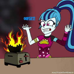 Size: 1280x1286 | Tagged: safe, artist:dncsamsonart, sonata dusk, equestria girls, equestria girls specials, g4, my little pony equestria girls: better together, my little pony equestria girls: sunset's backstage pass, burning, fail, fire, food, gritted teeth, oops, solo, sonataco, taco, taco dress, that girl sure loves tacos, that siren sure does love tacos, toaster