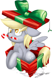 Size: 970x1460 | Tagged: safe, artist:hardlugia, derpy hooves, pegasus, pony, g4, box, candy, candy cane, christmas, cute, food, holiday, mistletoe, pony in a box, pony present, present, ribbon, silly, silly pony, simple background, snow, solo, transparent background