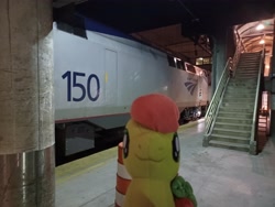 Size: 4000x3000 | Tagged: safe, artist:topsangtheman, peachy sweet, earth pony, pony, g4, amtrak, apple family member, irl, looking at you, photo, plushie, solo, train