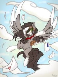 Size: 1620x2160 | Tagged: safe, artist:tizhonolulu, oc, oc:snowy skies, pegasus, pony, bag, clothes, cloud, flying, goggles, letter, mail, mailbag, mailmare, one eye closed, scarf, sky, solo, wink