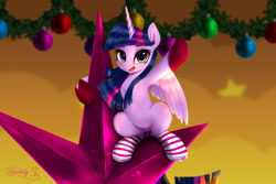 Size: 2625x1750 | Tagged: safe, artist:darksly, part of a set, twilight sparkle, alicorn, pony, g4, christmas, christmas star, clothes, cute, gloves, holiday, horn, looking at you, open mouth, open smile, smiling, smiling at you, socks, solo, striped socks, tiny, tiny ponies, twiabetes, twilight sparkle (alicorn), wings