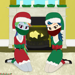 Size: 1920x1920 | Tagged: safe, artist:robukun, indigo zap, rainbow dash, equestria girls, g4, bondage, bound and gagged, christmas, dashsub, female, femsub, fire, fireplace, gag, holiday, indigosub, submissive, tape, tape gag, tied up