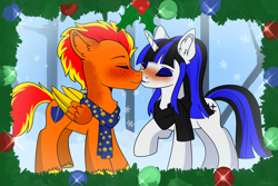 Size: 3000x2000 | Tagged: safe, artist:aurorafang, oc, oc:coldlight bluestar, oc:fireheart(fire), hybrid, pegabat, pony, unicorn, clothes, couple, duo, hearth's warming, hearth's warming eve, high res, holly, holly mistaken for mistletoe, kissing, scarf, shipping, shipping fuel