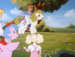 Size: 703x538 | Tagged: safe, screencap, danny williams, megan williams, molly williams, surprise, whizzer, human, pegasus, pony, twinkle eyed pony, g1, my little pony 'n friends, the great rainbow caper, adoraprise, baseball cap, blouse, bow, camera, cap, clothes, cute, danny riding surprise, dannybetes, derail in the comments, duckery in the comments, female, galloping, giddy up, hand, hat, hug, humans riding ponies, land, male, mare, megandorable, mollybetes, open mouth, open smile, overalls, pants, ponyland, riding, shirt, shoes, siblings, side hug, smiling, t-shirt, tail, tail bow, tree, whizzabetes, williams siblings, younger