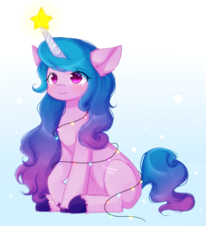 Size: 911x997 | Tagged: safe, artist:dddreamdraw, izzy moonbow, pony, unicorn, g5, christmas, christmas lights, cute, ear fluff, eye clipping through hair, eyebrows, eyebrows visible through hair, female, holiday, izzy impaling things, izzybetes, mare, sitting, smiling, solo