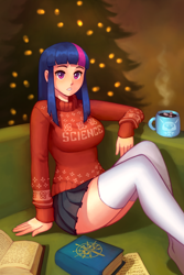 Size: 1600x2400 | Tagged: safe, artist:asimos, twilight sparkle, human, g4, big breasts, book, breasts, busty twilight sparkle, chocolate, christmas, christmas tree, clothes, food, holiday, hot chocolate, humanized, looking at you, mug, schrödinger's pantsu, science, skirt, socks, solo, sweater, thigh highs, tree, zettai ryouiki