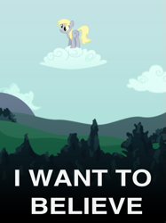 Size: 487x652 | Tagged: safe, derpy hooves, pegasus, pony, g4, cloud, derpy being derpy, i want to believe, on a cloud, solo, standing on a cloud, x-files