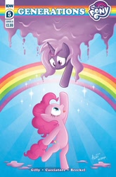 Size: 1186x1800 | Tagged: safe, artist:agnesgarbowska, idw, pinkie pie, violet shiver, earth pony, pony, unicorn, g4, my little pony: generations, spoiler:comic, spoiler:comicgenerations05, bipedal, cover art, rainbow