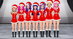 Size: 1920x1022 | Tagged: safe, artist:twilightcloversuper8, applejack, fluttershy, pinkie pie, rainbow dash, rarity, starlight glimmer, twilight sparkle, human, g4, alternate mane seven, anime, anime style, boots, christmas, clothes, costume, hearth's warming eve, high heel boots, high heels, holiday, humanized, kisekae, legs, mane six, santa costume, sexy, sexy santa costume, shoes, stupid sexy applejack, stupid sexy fluttershy, stupid sexy pinkie, stupid sexy rainbow dash, stupid sexy rarity, stupid sexy starlight glimmer, stupid sexy twilight