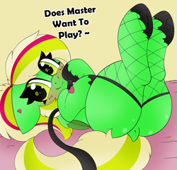 Size: 2047x1969 | Tagged: safe, artist:pegamutt, oc, oc:gumdrops, pegasus, pony, blushing, butt, clothes, collar, dock, featureless crotch, female, fishnet clothing, fishnet stockings, leash, looking at you, lying down, mare, on back, pet play, plot, stockings, tail, thigh highs, unshorn fetlocks